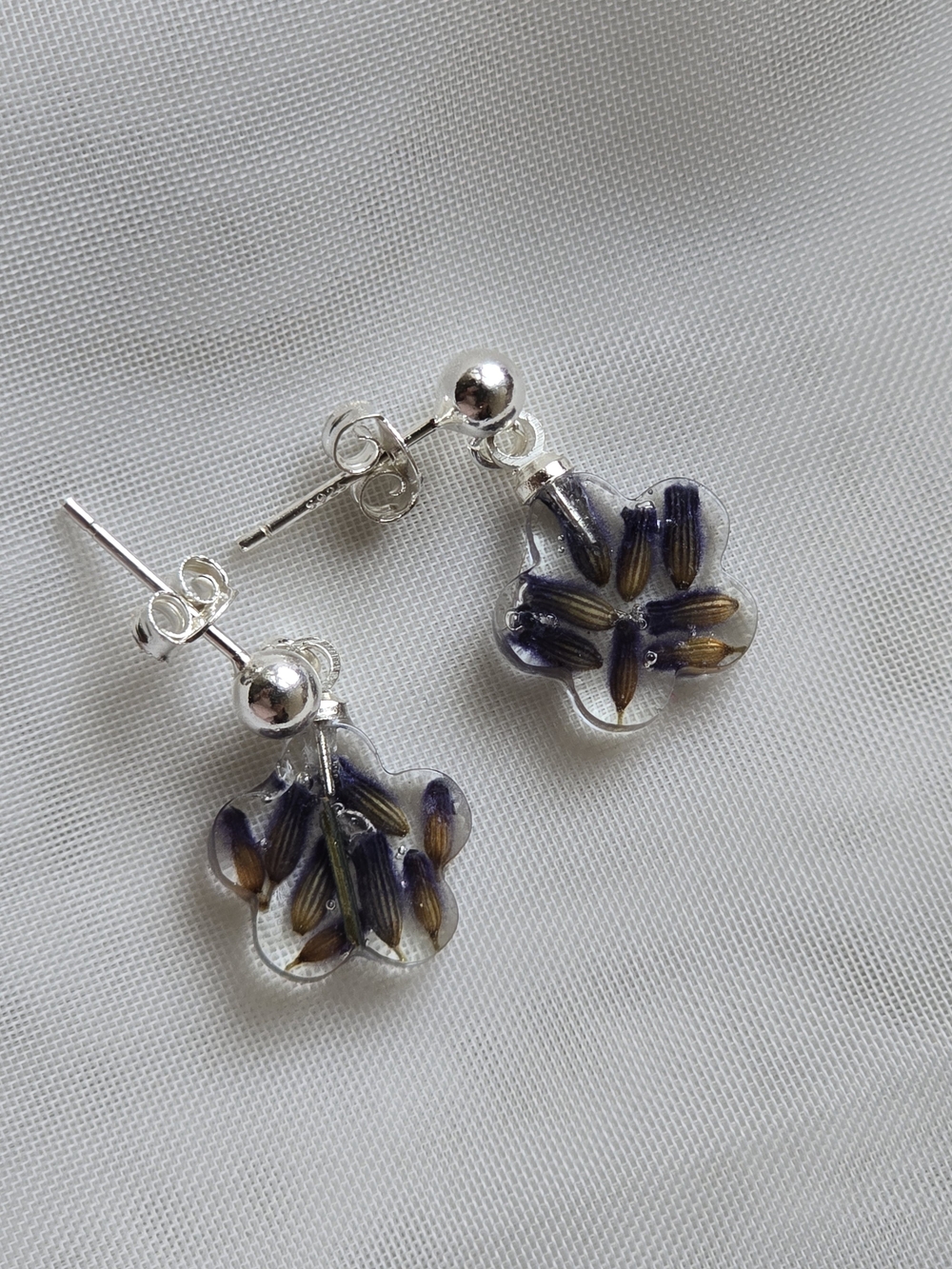 Sterling Silver Floral Resin Drop Earrings with Real Lavender!